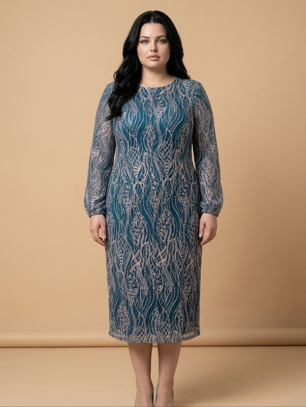 JS Collections Blue Dress with White Lace-Effect Overlay